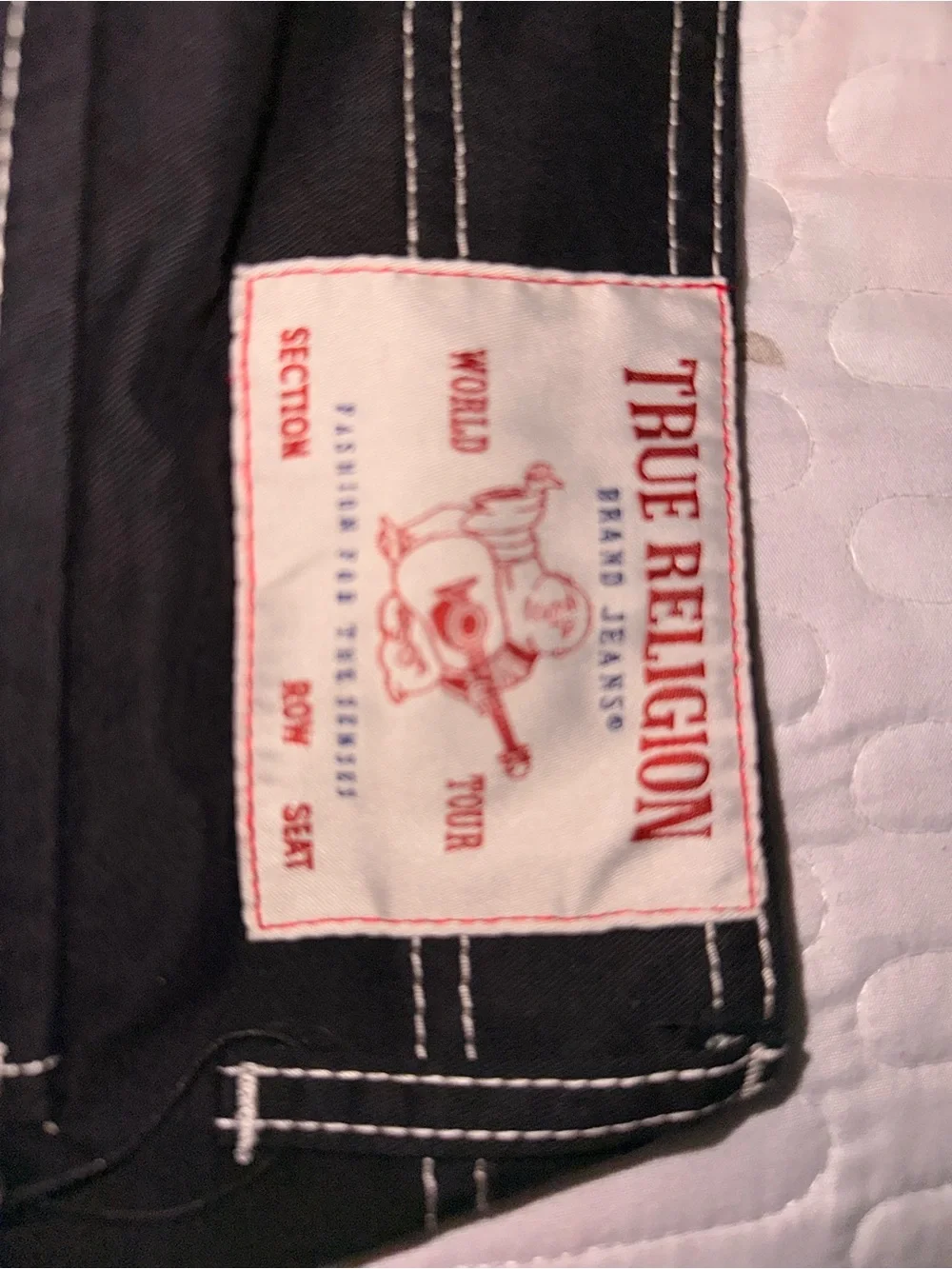 True Religion Black Jeans with White Contrast Stitching and Label Detailing